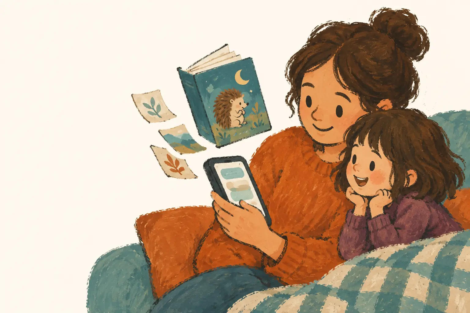 A parent and child on a sofa watching a picture book about a hedgehog rise out of a phone